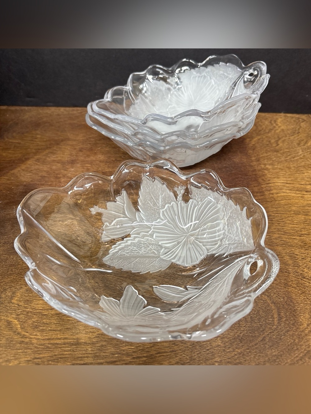 Clear Pressed Glass Leaf Bowls with Floral Relief - Set of 4